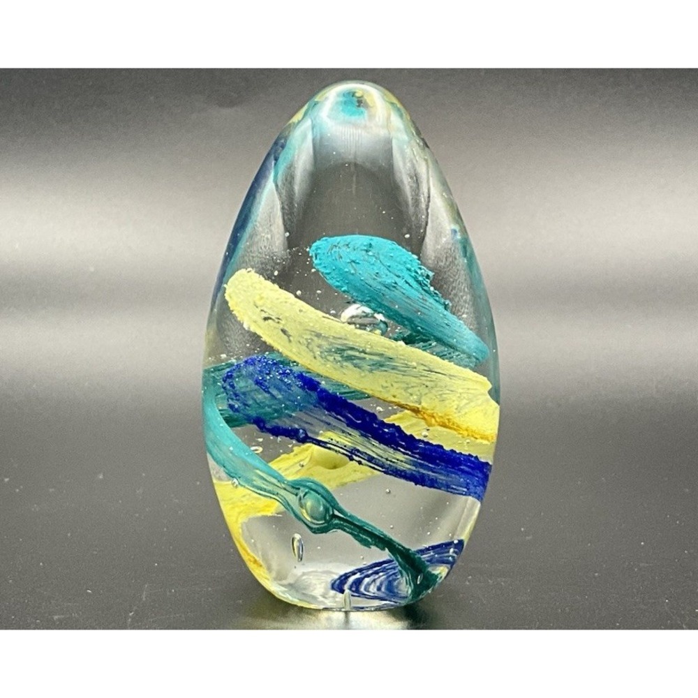 Art Glass Egg Shaped 4.125" Blue & Yellow Swirl Hand Blown Paperweight VGUC